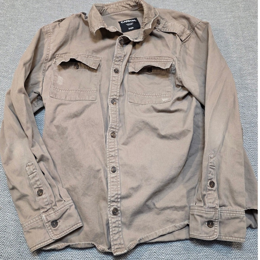 Carbon Mens Khaki Tan Utility Button Up Shirt Long Sleeve Epaulets Large RN70829